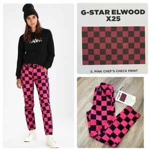 G-STAR RAW Elwood Pink Chef’s Check print mid rise boyfriend jeans pants. BNWT